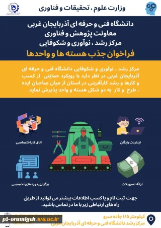 فراخوان جذب هسته و واحد در مرکز رشد، نوآوری و شکوفایی دانشگاه فنی و حرفه‌ای استان آذربایجان غربی